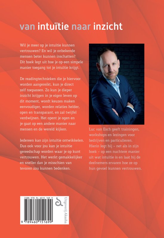 Man met bril in donker pak op foto, met Nederlandse tekst 'van intuïtie naar inzicht' en 'Luc van Esch geeft trainingen'.