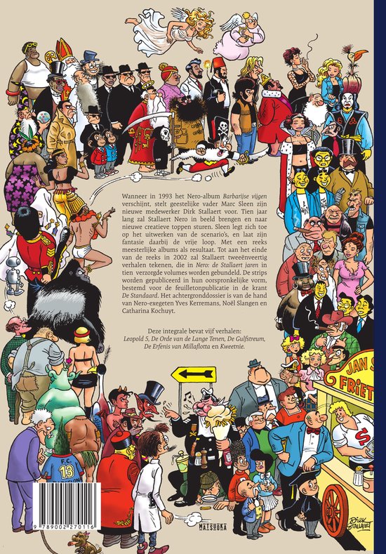 De achterkant van een stripboek met een kleurrijke striptekening van veel personages in een carnavaleske menigte. Tekst in het Nederlands.