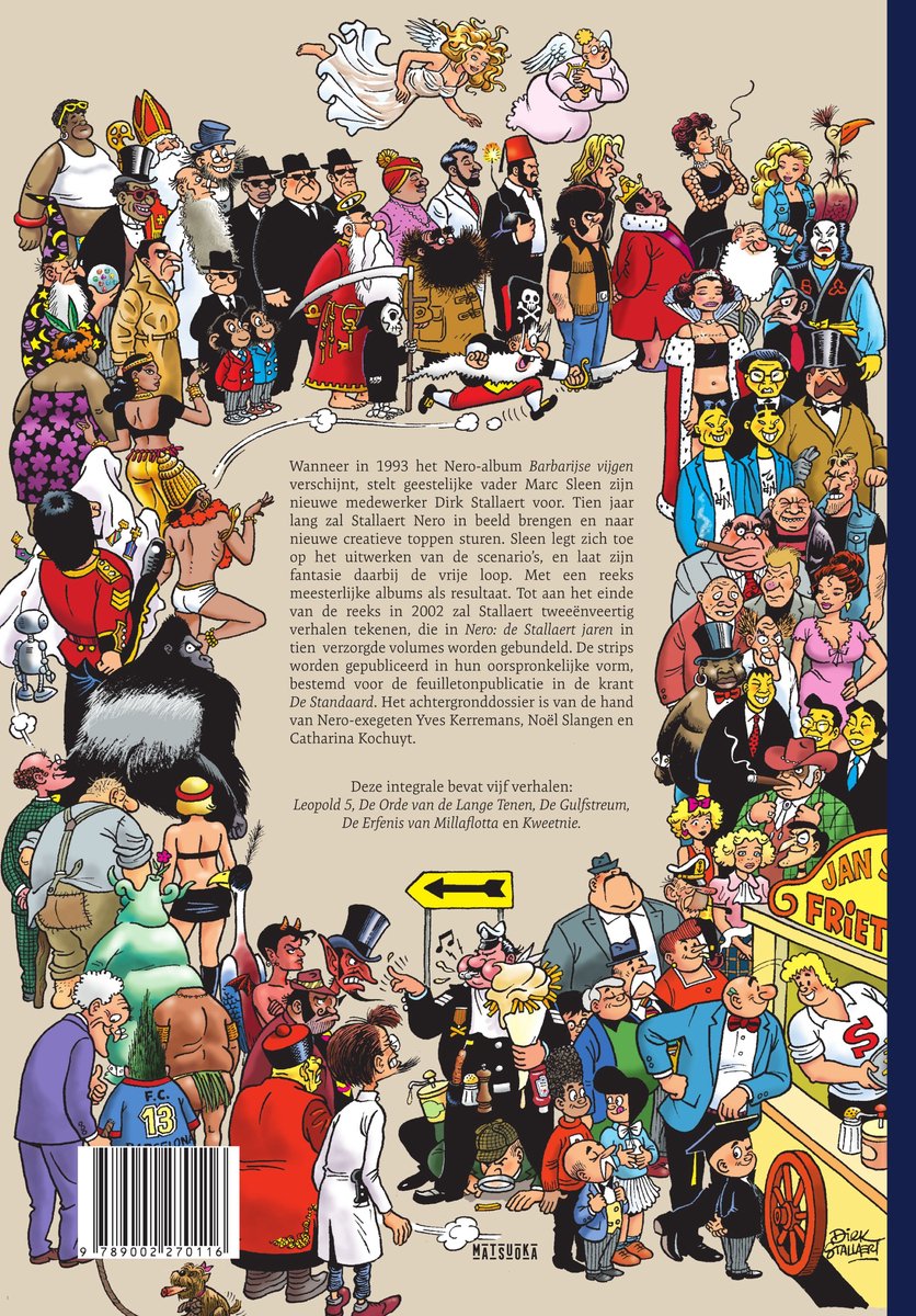 De achterkant van een stripboek met een kleurrijke striptekening van veel personages in een carnavaleske menigte. Tekst in het Nederlands.