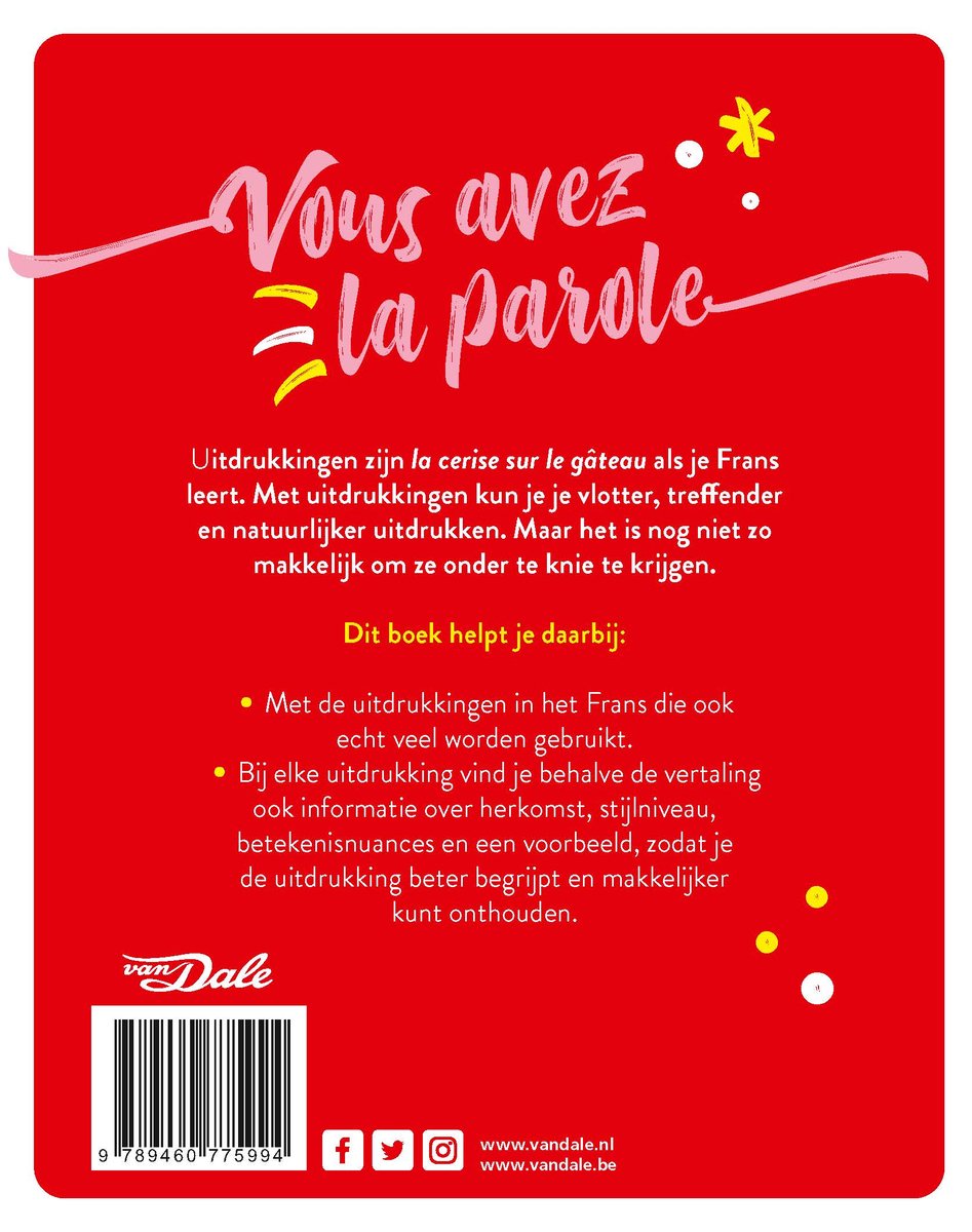Boek 'Vous avez la parole' van Van Dale, met Franse uitdrukkingen en uitleg. Rode achtergrond met gele tekst en een barcode.
