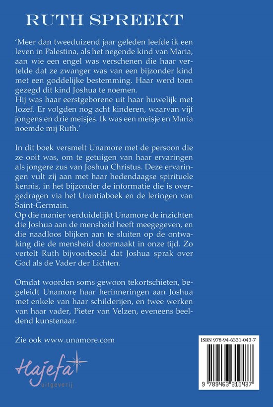 Boek "Ruth Spreekt" met tekst over Maria en Jozef en een foto van de auteur. Links onderaan logo "Hajefat uitgeverij".