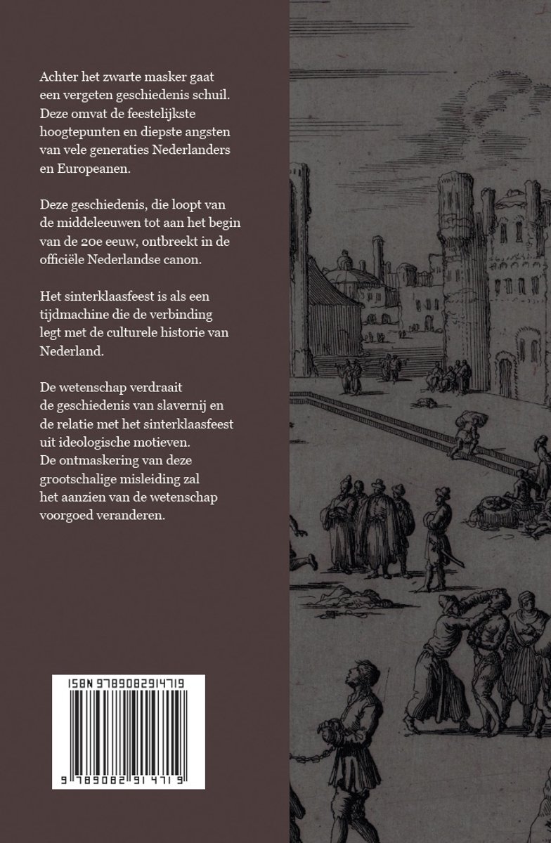 De achterzijde van het boek 'de kermis, de slavenjacht en het einde van de wetenschap', met tekst en een gravure van een oude stad met mensen.