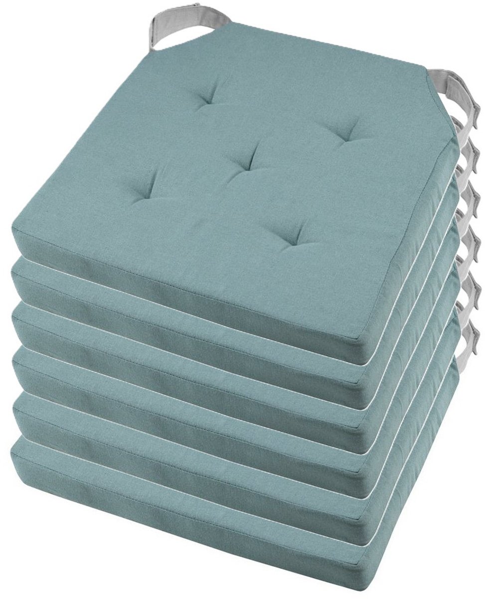 Stof Textile stoelkussen DUO - 6x - jade groen - 38 x 38 x 4 cm - klittenband sluiting - zitkussens - binnen/buiten