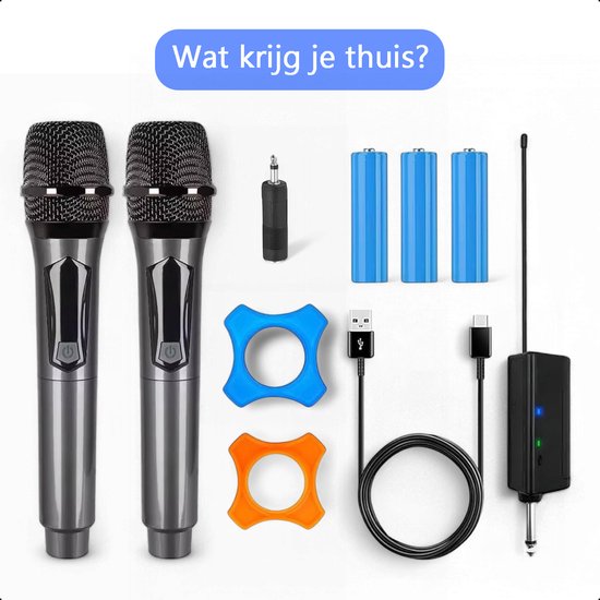Inhoud van de verpakking: twee microfoons, adapter, USB-C kabel, 3 batterijen, 2 ringhouders.