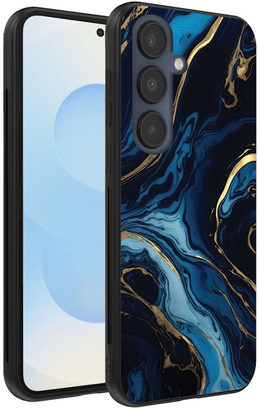 Coque de téléphone avec un motif marbre bleu foncé, bleu clair et doré.
