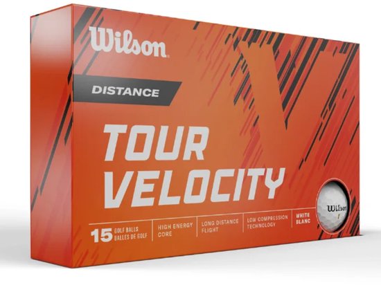 Doos met 15 witte Wilson Tour Velocity golfballen. Oranje doos met zwarte en oranje grafische elementen en tekst.