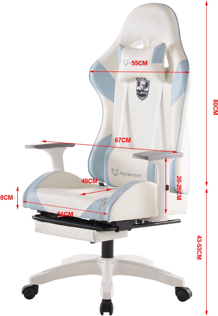 FOXSPORT Gamestoel - Gaming Chair - Ergonomisch - Verstelbaar - Met lendensteun en hoofdsteun - Met voetsteun - Bureaustoel - Racing -Wit / Blauw – foto 6