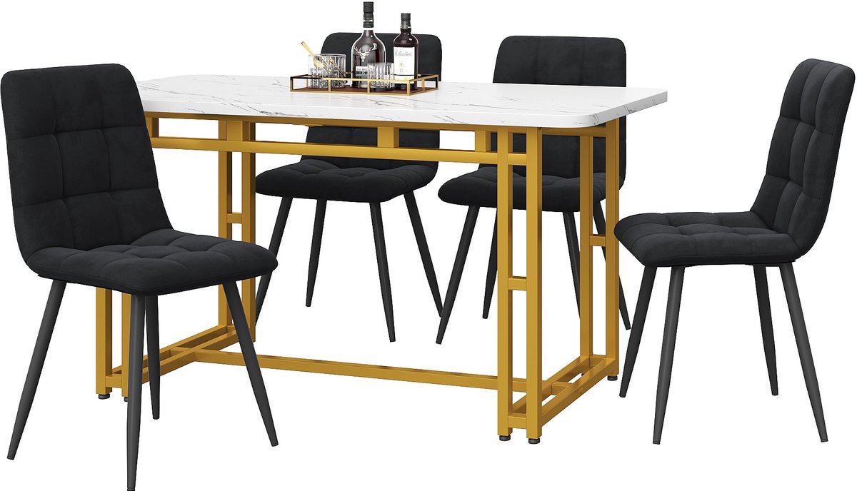 Merax Eetkamerset 5-Delig – Witte MDF Eettafel met Gouden Metalen Poten en 4 Zwarte Fluwelen Stoelen – 120x70 cm – Modern en Luxe Design