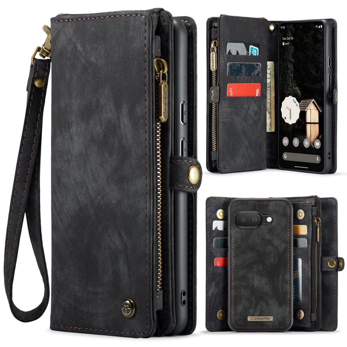CaseMe Telefoonhoesje geschikt voor Google Pixel 9a Hoesje | CaseMe 008 Uitneembare 2in1 Bookcase Portemonnee | Pasjeshouder voor 8 Pasjes | Telefoonhoesje voor Pinpas / OV Kaart / Rijbewijs - Zwart