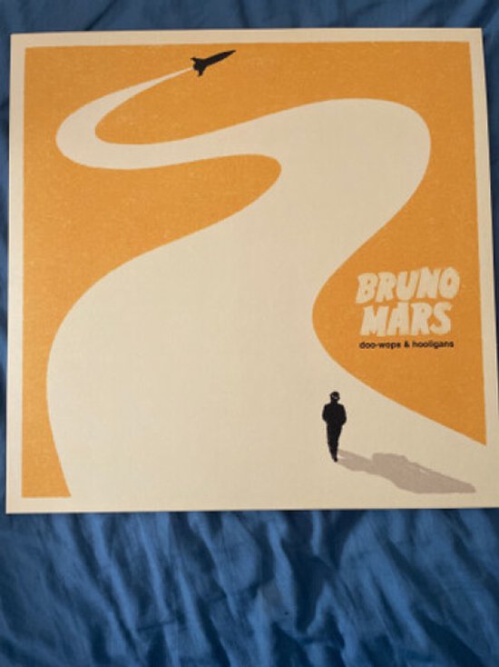 Albumhoes 'Doo-Wops & Hooligans' van Bruno Mars met een gestileerde weg, een raket en een man.