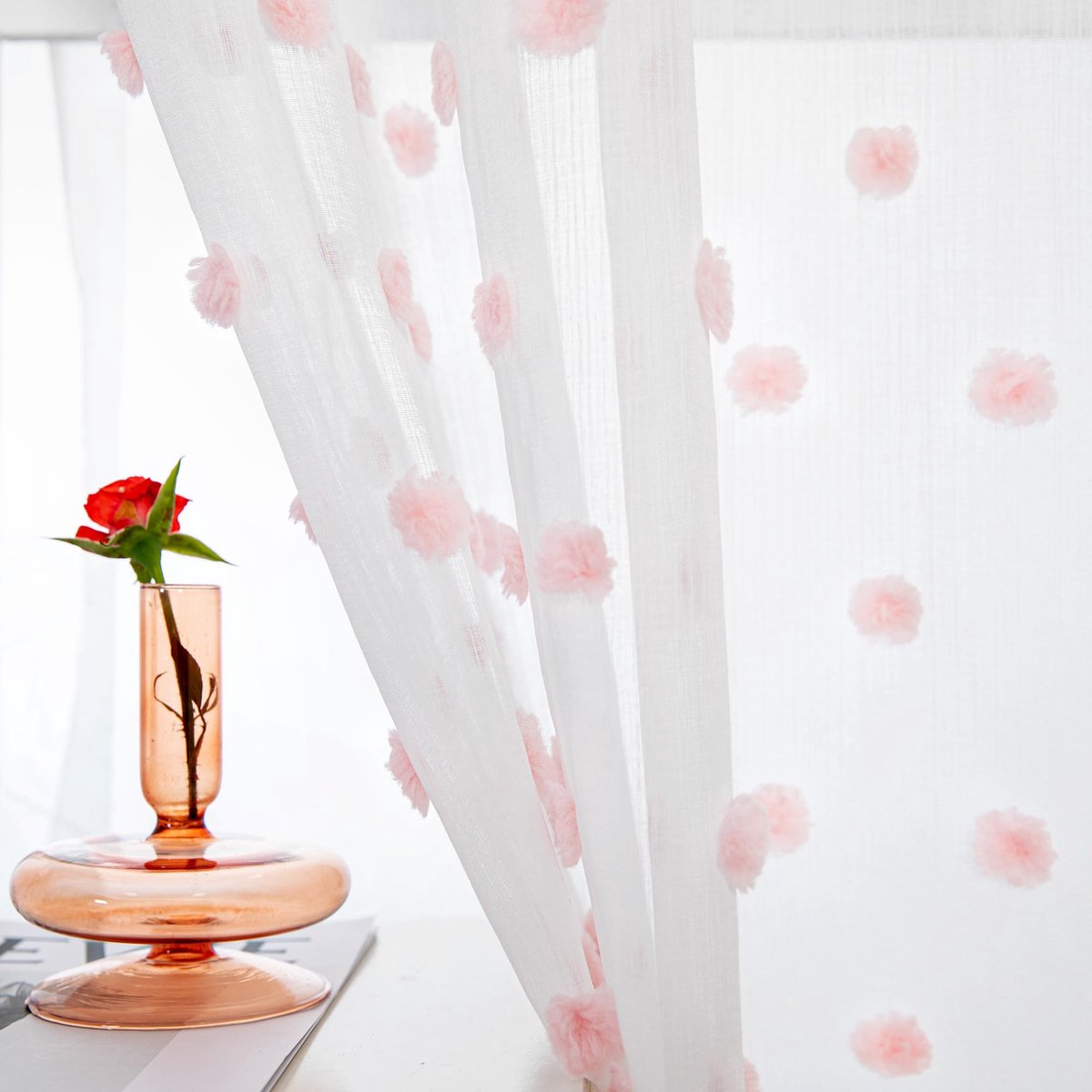 Ibenzoa Transparante Gordijnen met Pompom-Patroon voor Elegante Woonkamerdecoratie, Set van 2, 160 x 140 cm roze