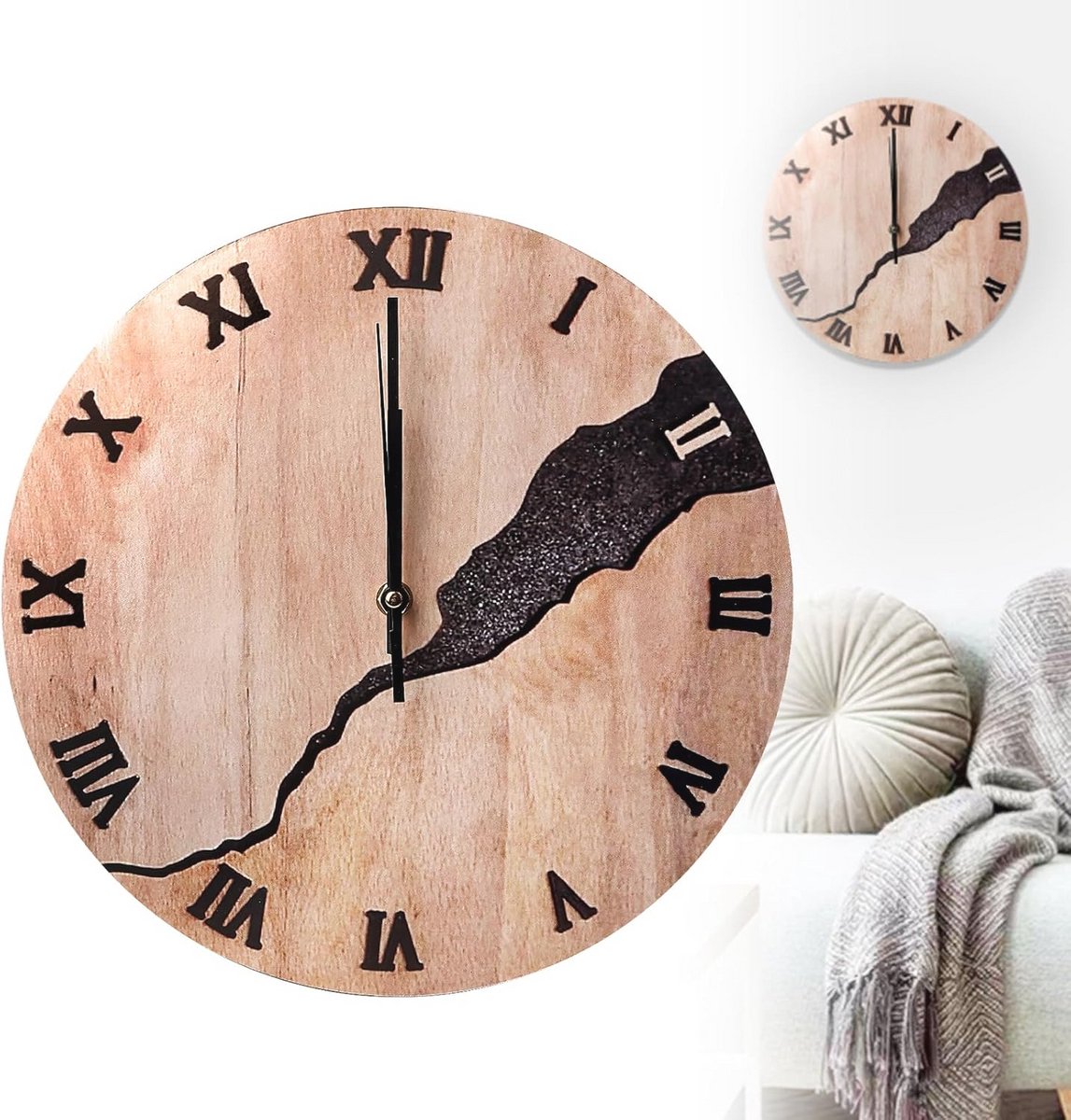 Grote Houten Wandklok 30 cm met Romeinse Cijfers - Stil en Elegant voor Woning, Kantoor en Kinderkamer