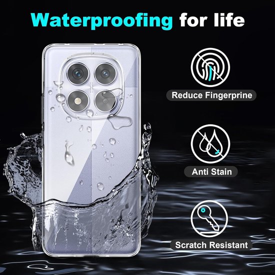 Transparante siliconen hoes op een telefoon met waterspetters. Waterdicht voor het leven, vermindert vingerafdrukken, vlekbestendig, krasbestendig.