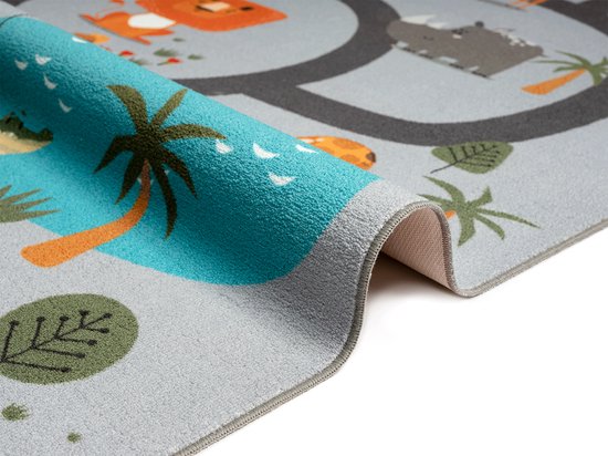 the carpet Happy Life Kinderkamer, kindertapijt, speeltapijt, wasbaar, dieren, jungle, auto, grijs met safari motief 120 x 160 cm van Paco Home — afbeelding 4
