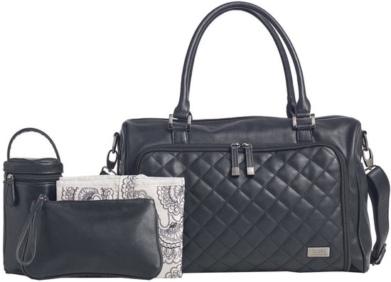Isoki Luiertas Double Zip Quilted Ebony Black - Zilveren Details