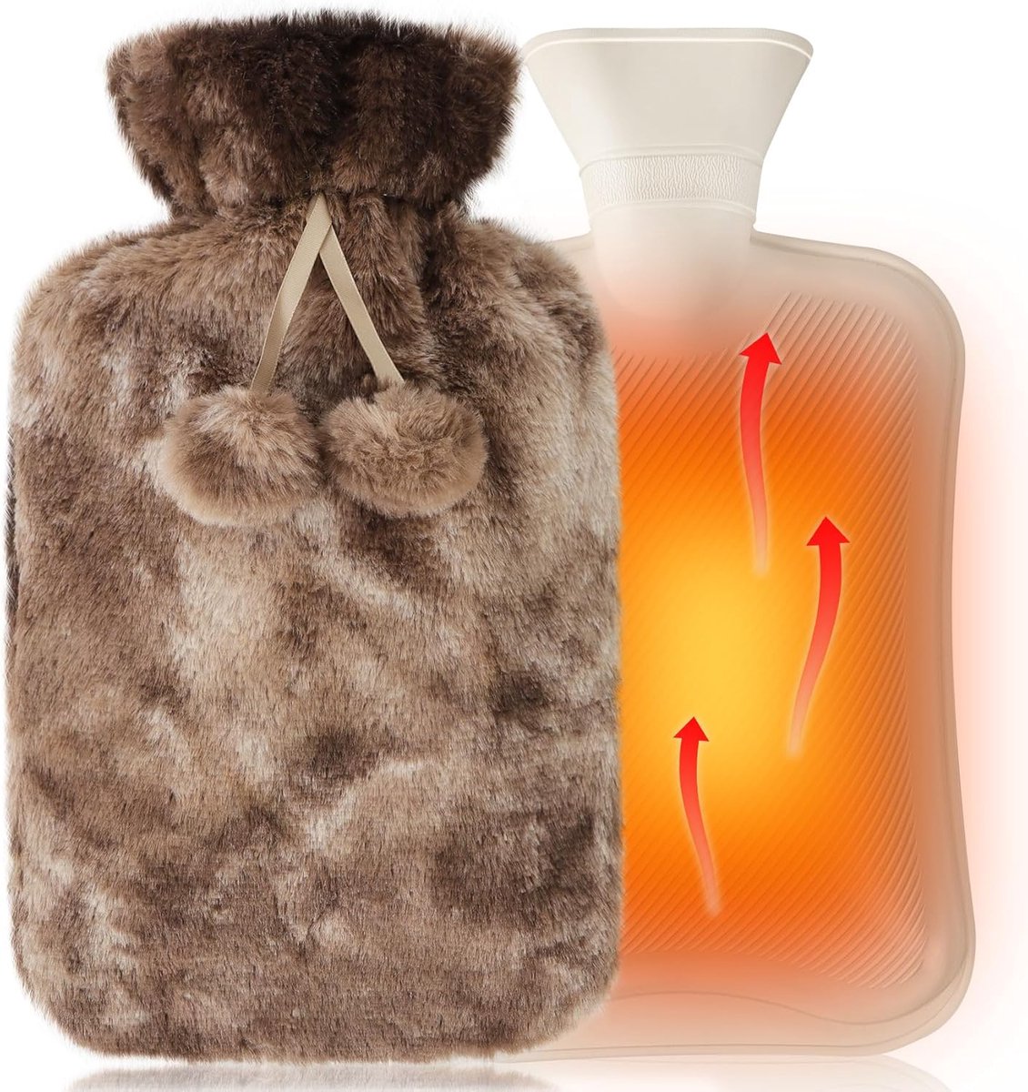 Warmwaterkruik met zachte rubberen hoes - 2 liter - warm water en ultrazachte pluche hoes - voor volwassenen en kinderen - hand verlicht pijn - warmtetherapie - bruin