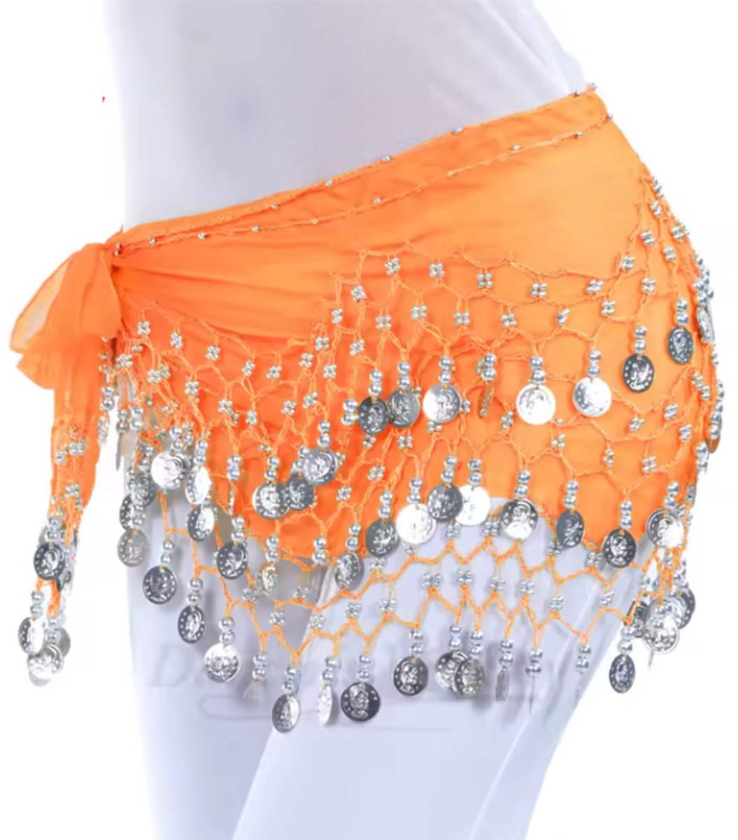 CHPN - Buikdans shawl - Heupshawl met muntjes - Buikdanssjaal - Stijlvolle sjaal met gouden muntjes - perfect voor een vleugje oranje - Oranje heupshawl
