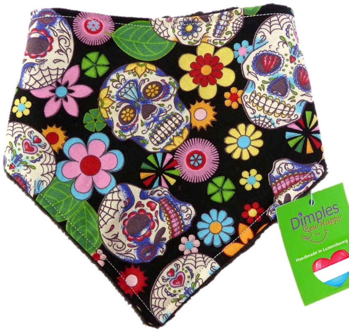 Zwarte Mexicaanse schedels en bloemen hondenhalsdoek - DIMPLES 65cm XXXL hondensjaal hondenbandana met comfortabele drukknopen