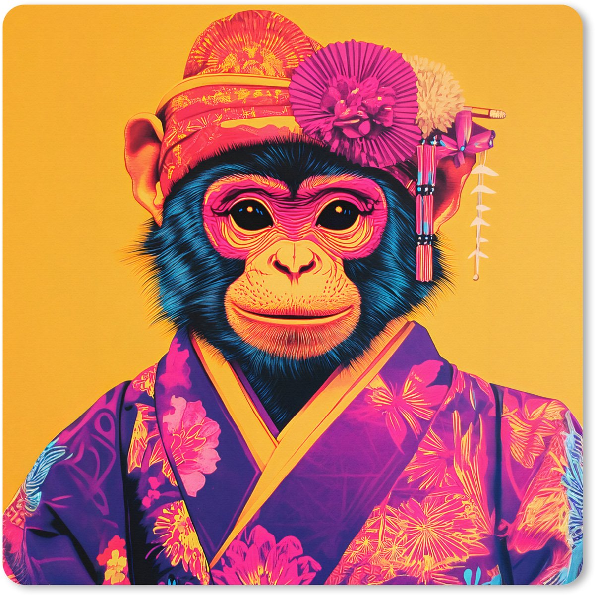 Muismat XXL 60x60 cm - Bureau onderlegger - Bureau mat Aap - Kimono - Bloemen - Hoofdtooi - Bureaumat - Gaming mousepad xl - Bureaulegger groot - Computer deskmat