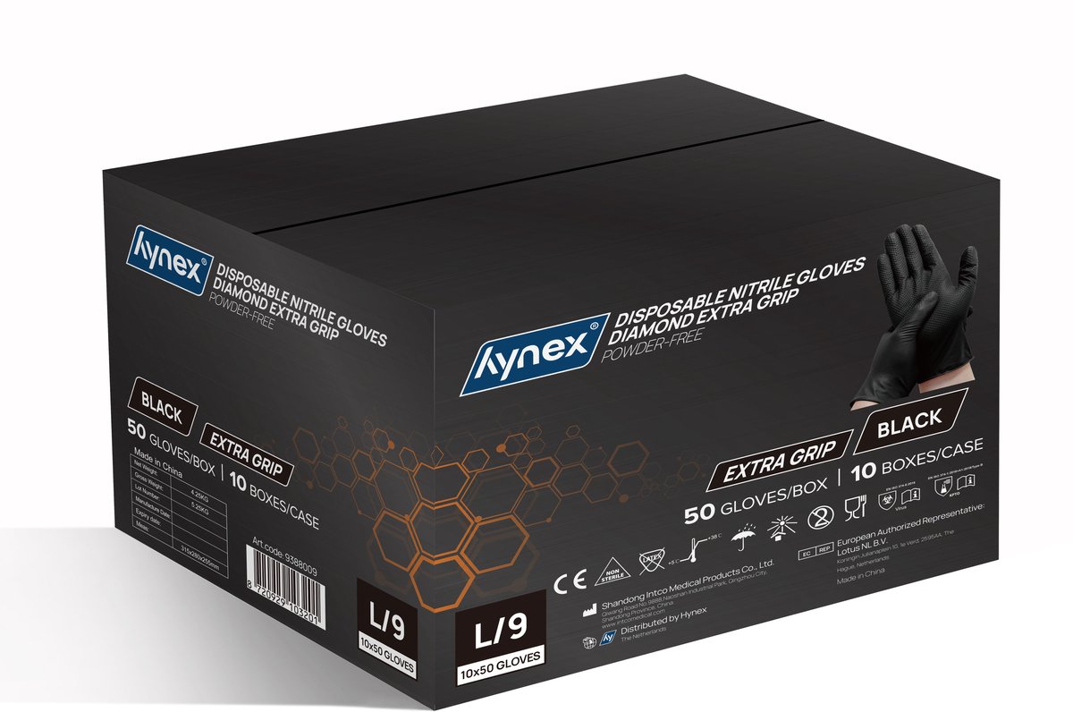 Hynex nitril wegwerphandschoenen Diamond Extra Grip Zwart maat L omdoos 500stuks 8,0gram 10x50/box