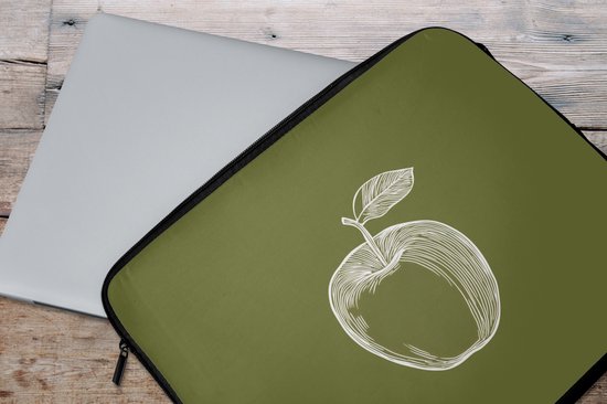 Laptophoes 17 inch - Lijntekening - Appel - Olijfgroen - Blaadje - Laptop sleeve - Binnenmaat 41x28 cm - Zwarte achterkant