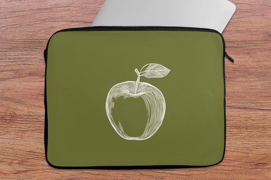 Laptophoes 17 inch - Lijntekening - Appel - Olijfgroen - Blaadje - Laptop sleeve - Binnenmaat 41x28 cm - Zwarte achterkant