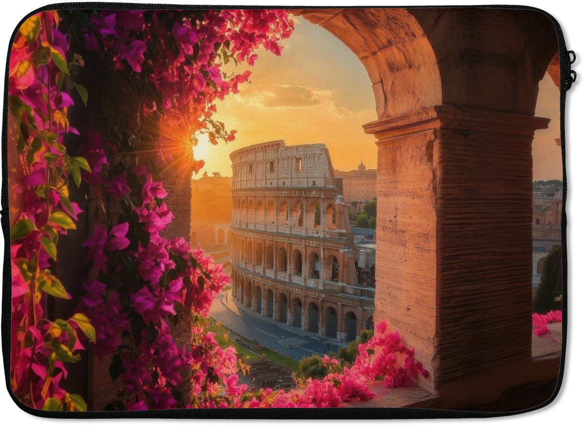 Laptophoes 14 inch - Colosseum - Rome - Roze Bloemen - Laptop sleeve - Binnenmaat 33x23 cm - Zwarte achterkant