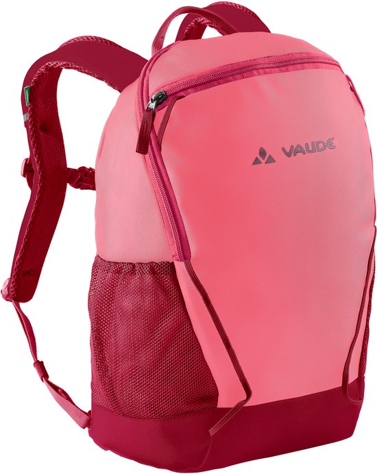 Vaude rugzak in roze en bordeauxrood met gaasvak aan de zijkant.