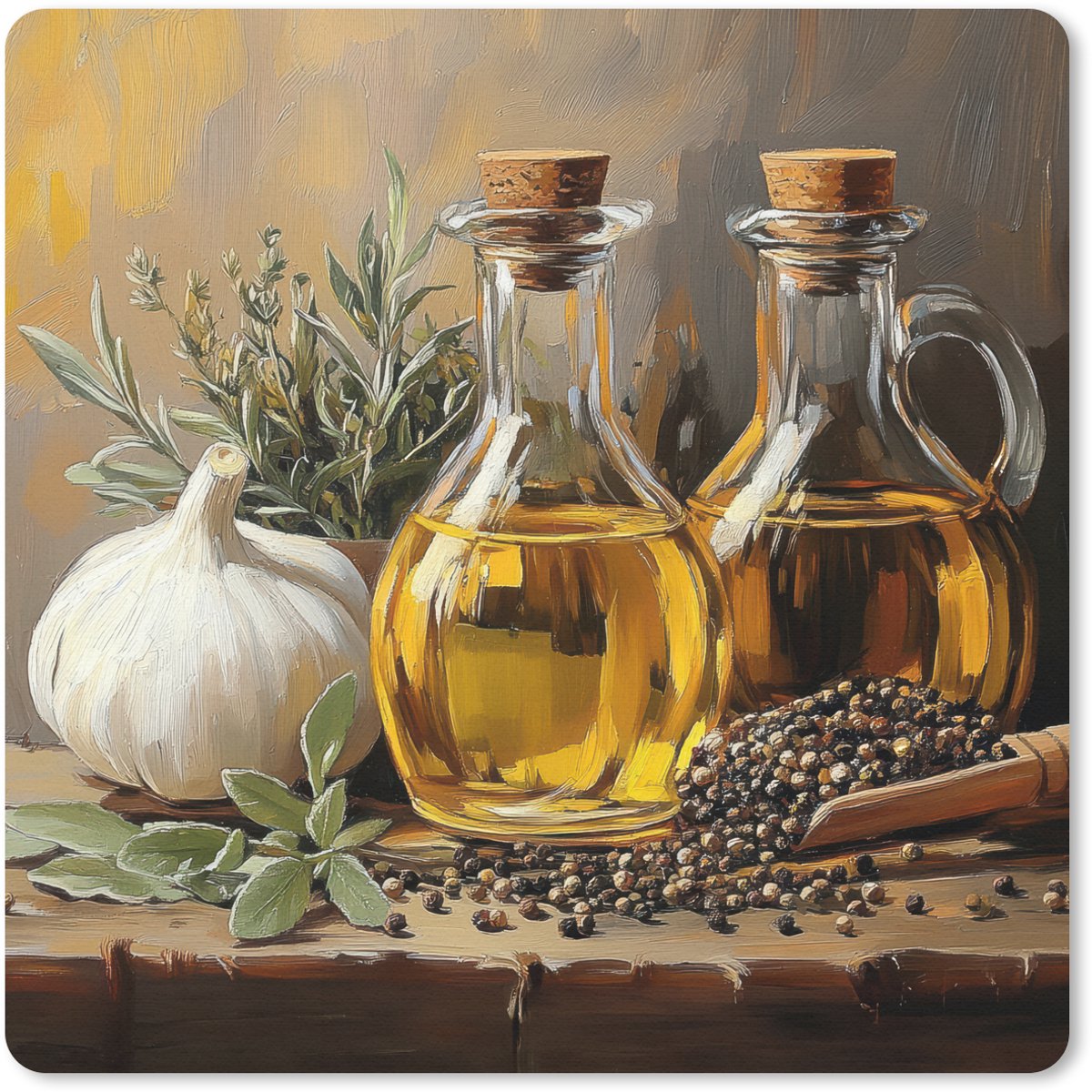 Muismat 20x20 cm - Mousepad Stilleven - Olijfolie - Knoflook - Kruiden - Muismatten