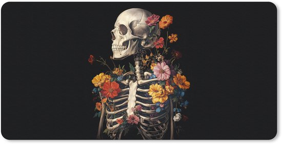 Sous-main avec un squelette orné de fleurs colorées.