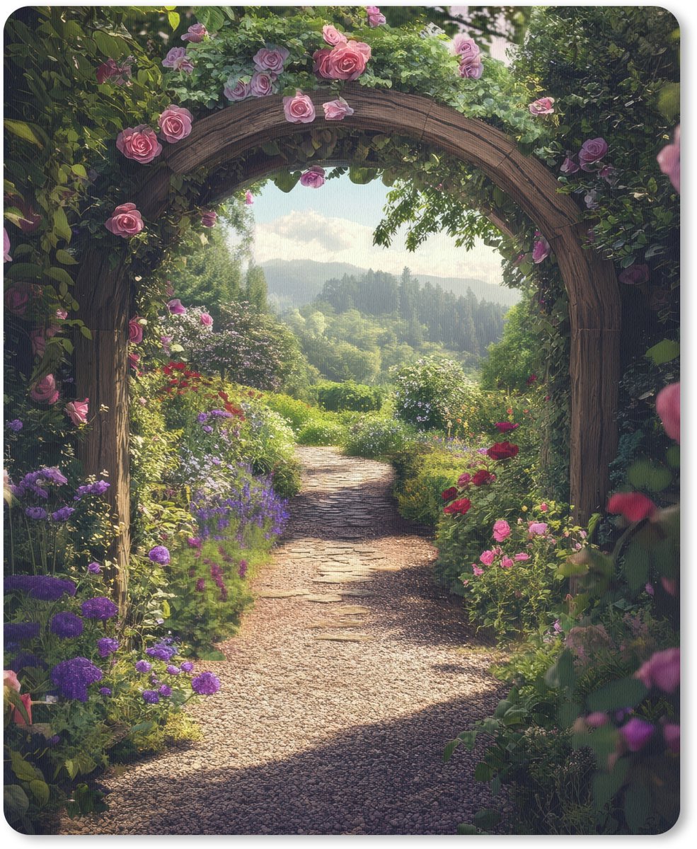 Muismat 19x23 cm - Mousepad Doorkijk - Landschap - Bloemen - Rozenboog - Natuur - Muismatten