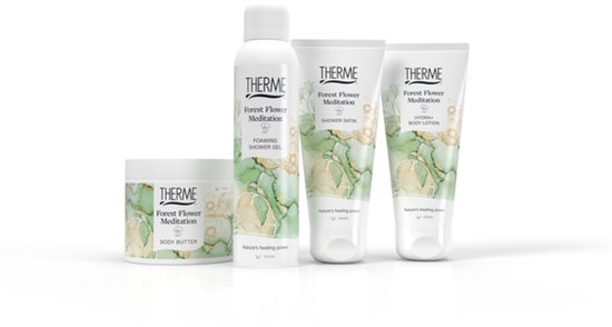 Therme Forest Flower Meditation set met body butter, foaming shower gel, shower satin en bodylotion.