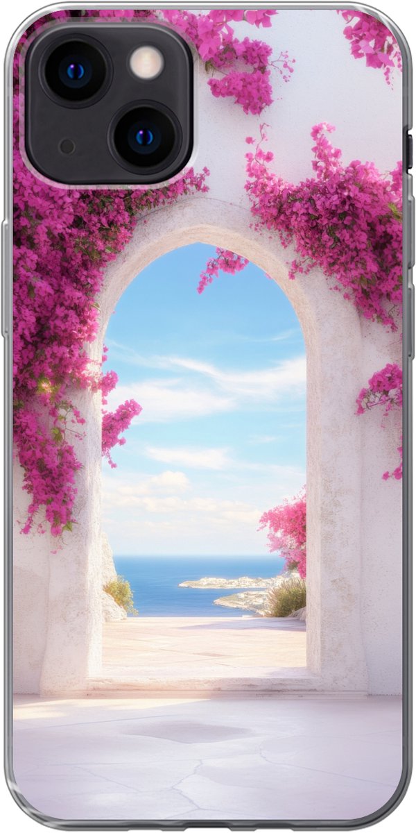 Telefoonhoesje Geschikt voor iPhone 13 hoesje - Zee - Roze - Bloemen - Poort - Siliconen Telefoonhoesje Telefoonhoesje