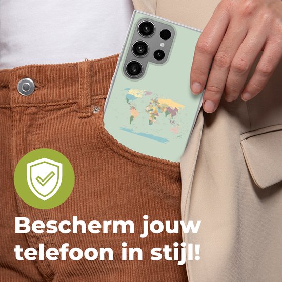 Telefoonhoesje Geschikt voor Samsung Galaxy S23 Ultra hoesje - Wereldkaart - Realistisch - Kaart - Siliconen Telefoonhoesje Telefoonhoesje