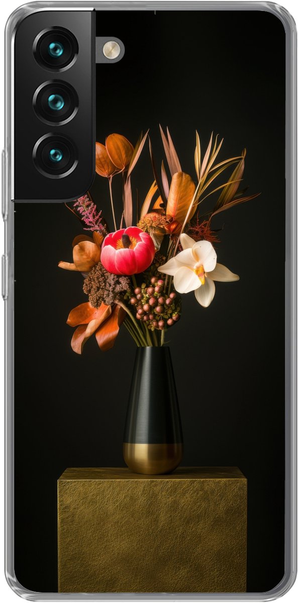 Telefoonhoesje Geschikt voor Samsung Galaxy S22 Plus hoesje - Boeket - Oranje - Gouden - vaas - Siliconen Telefoonhoesje Telefoonhoesje