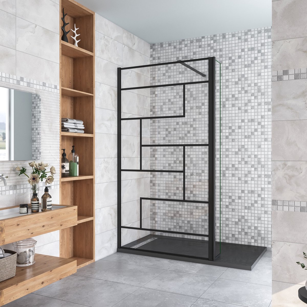 Douchewand-Inloopdouche 120x200cm draaibaar hoekprofiel 40x200cm 8mm NANO EasyClean onregelmatig zwart rooster gezeefdrukt gehard glas+90cm Stabilisatiestang kan worden gesneden