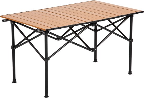 FOXSPORT Inklapbare Tafel - Campingtafel - Kampeertafel - Klaptafel - Buiten Vouwtafel - Tuintafel - Oprolbaar houten tafelblad - 4 Personen - Koolstofstaal - 55 x 58 x 90cm - Walnoot