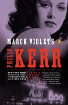 Boekomslag van 'March Violets' van Philip Kerr, met een afbeelding van een vrouw en neonreclames.