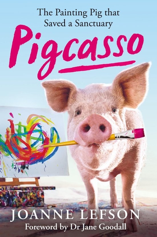 Roze varken met penseel in zijn bek voor een kleurrijk schilderij op een ezel, titel Pigcasso.