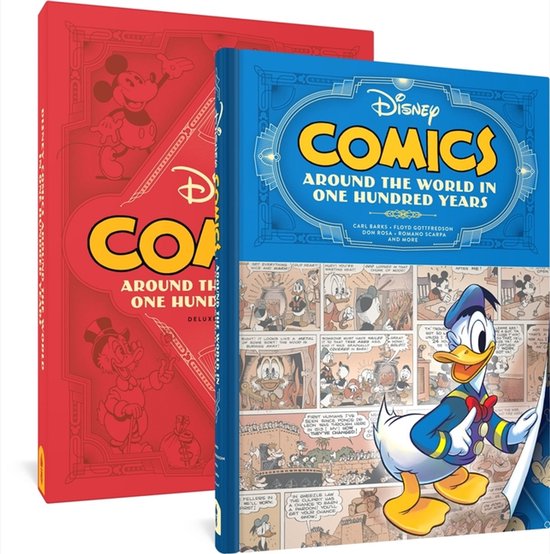 Disney Comics: Around the World in One Hundred Years, Deluxe editie. Rode kaft met Mickey Mouse, gele tekst "COMICS AROUND THE WORLD IN ONE HUNDRED YEARS". Blauwe kaft met Donald Duck en stripfragmenten.