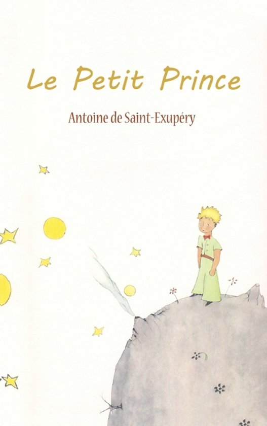 Boek 'Le Petit Prince' met een illustratie van de Kleine Prins op een rots, met gele sterren en cirkels.