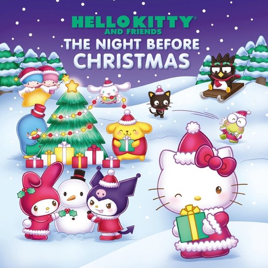 Hello Kitty en vrienden vieren Kerstmis in de sneeuw. Hello Kitty houdt een cadeau vast.