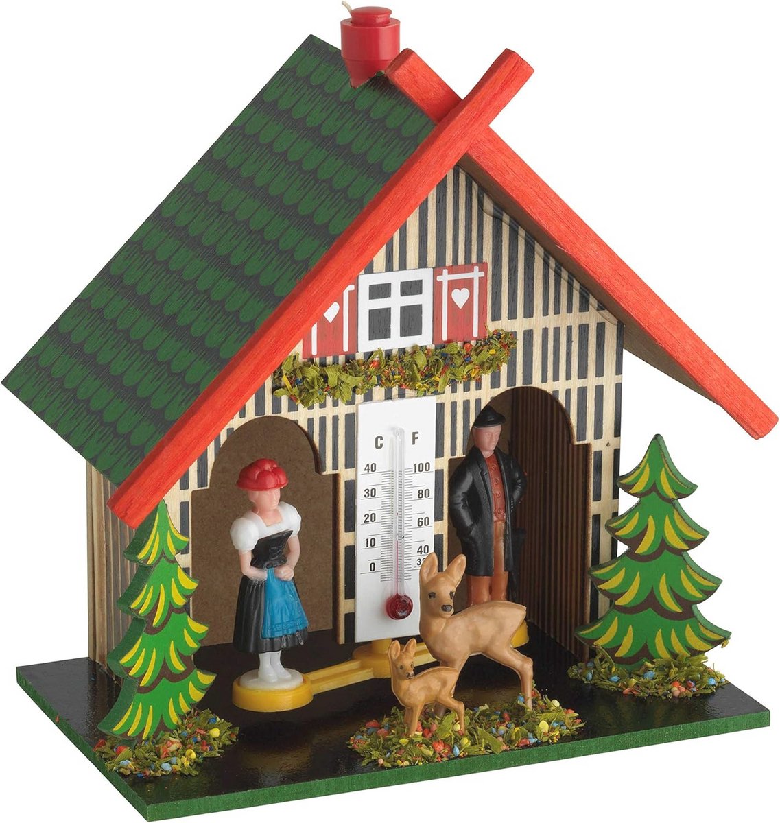 Weerhuisje Hout - Weerhuis met thermometer - Weersvoorspelling thuis - Met hygrometer - 12.7 x 7.6 x 13 cm - Multikleur
