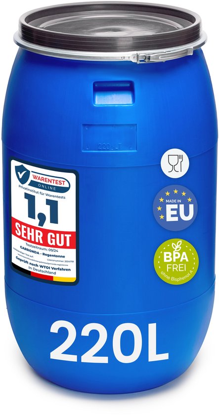 Blauw 220L kunststof vat met 'Made in EU' en 'BPA Vrij' stickers. "220L".