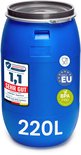 Blauw 220L kunststof vat met 'Made in EU' en 'BPA Vrij' stickers. "220L".