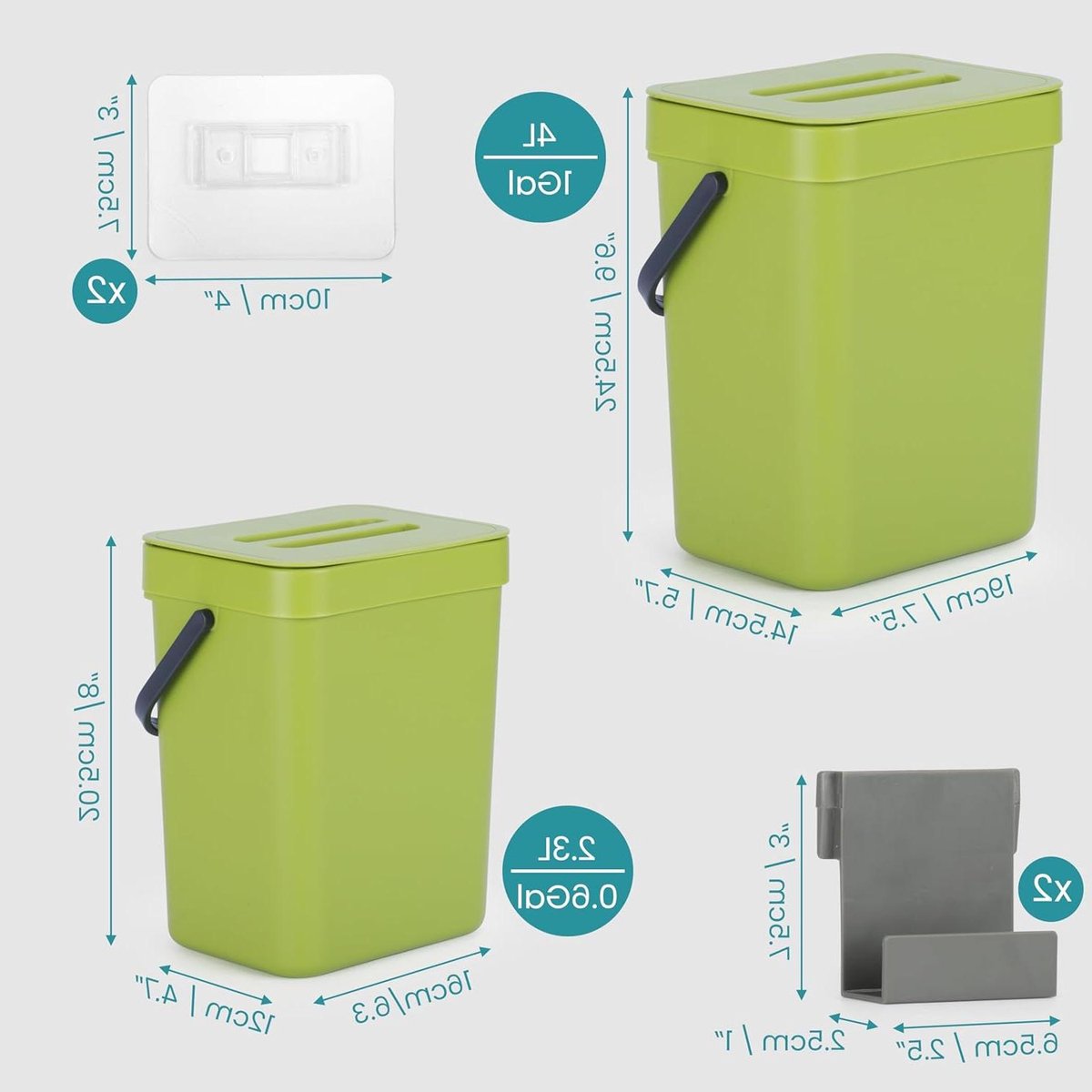 2x kunststof keuken prullenbakken - 4 L en 23 L hangende afvalbak - Onder de wasbak voor voedsel compost en GFT-afval - Groen