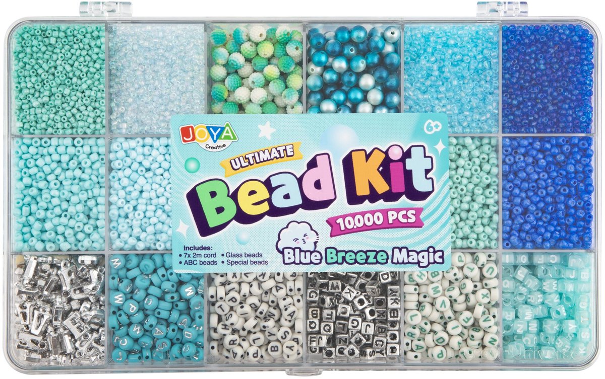 Luxe Armbandjes maken Meisjes Kralenset 10.000pcs - Blue Breeze Magic - ABC Beads, Glass Beads en Elastiek - Opbergdoos 27x16x4cm - Joya Creative — afbeelding 3