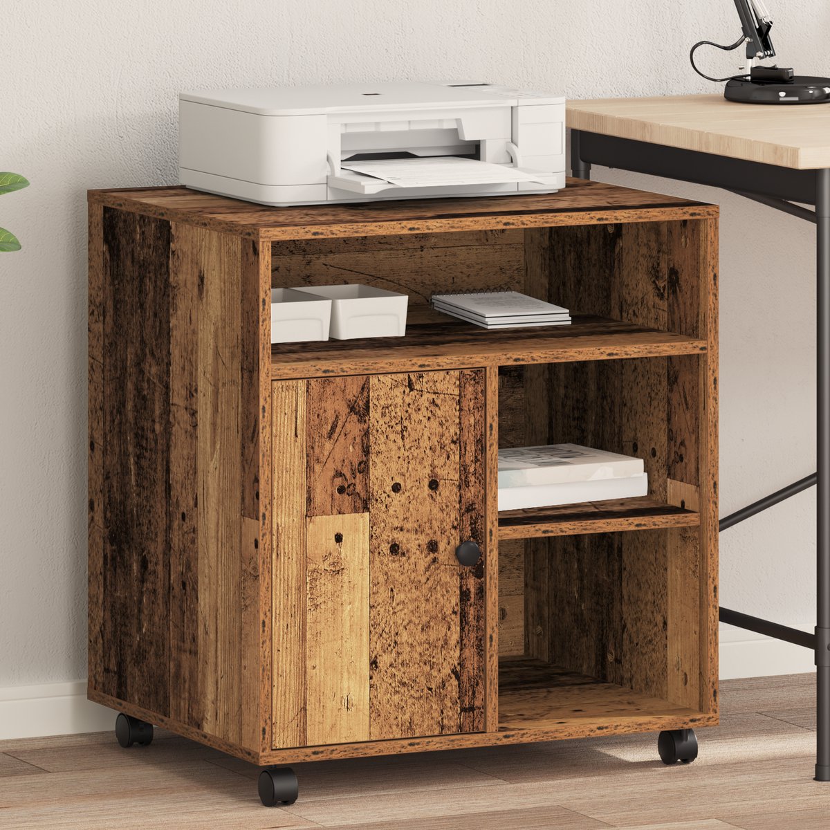 vidaXL - Printerstand - met - opslag - Oud - hout - 60 - x - 50 - x - 67 - cm - Bewerkt - hout