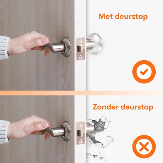 Demonstratie van het effect van een deurstopper op een deurklink die een muur raakt.