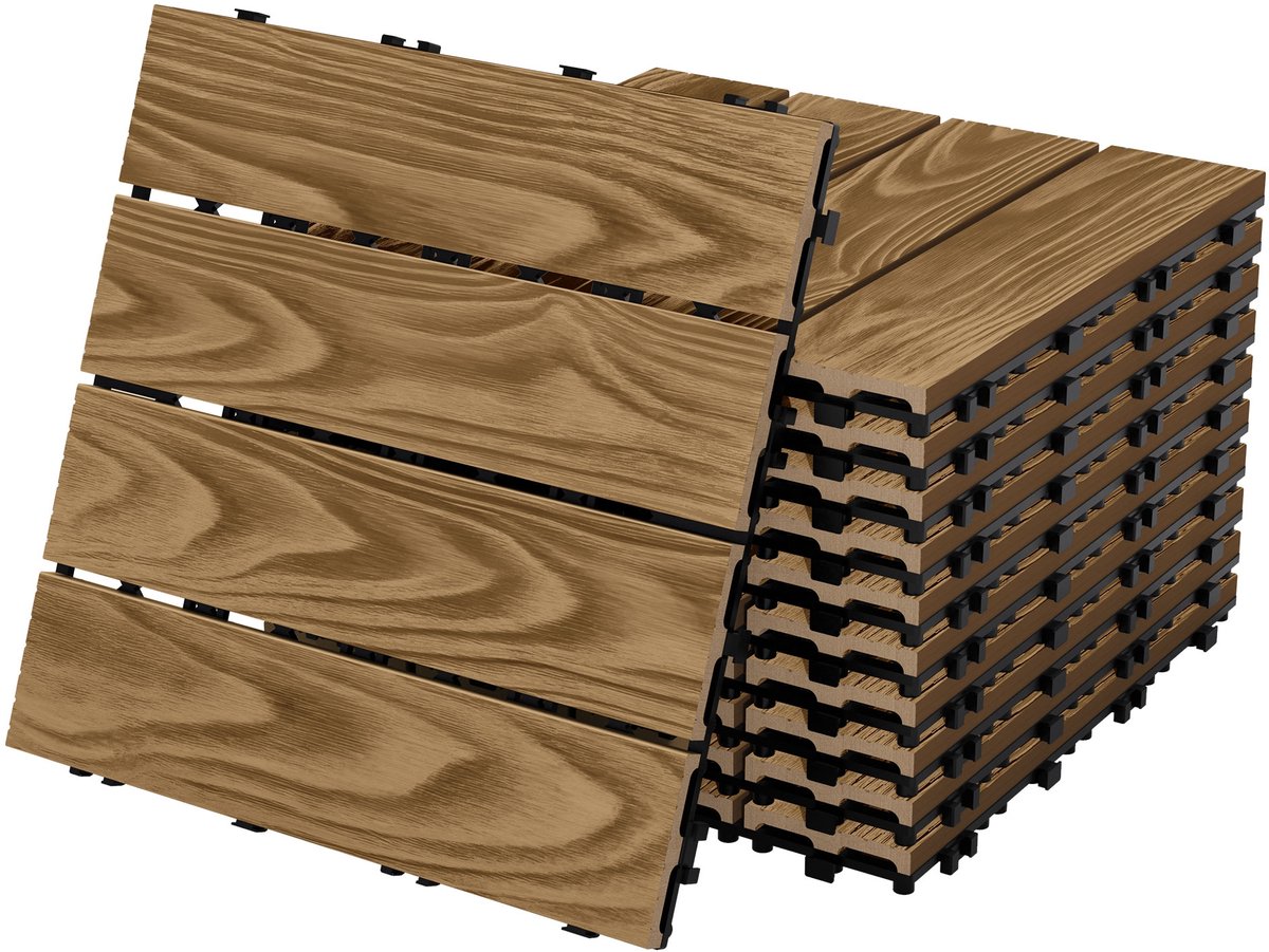 2x WPC-terrastegels 30x30 cm, voordelige set van 11 stuks voor 1 m² vloerbedekking in teakhoutlook met drainage en kliksysteem